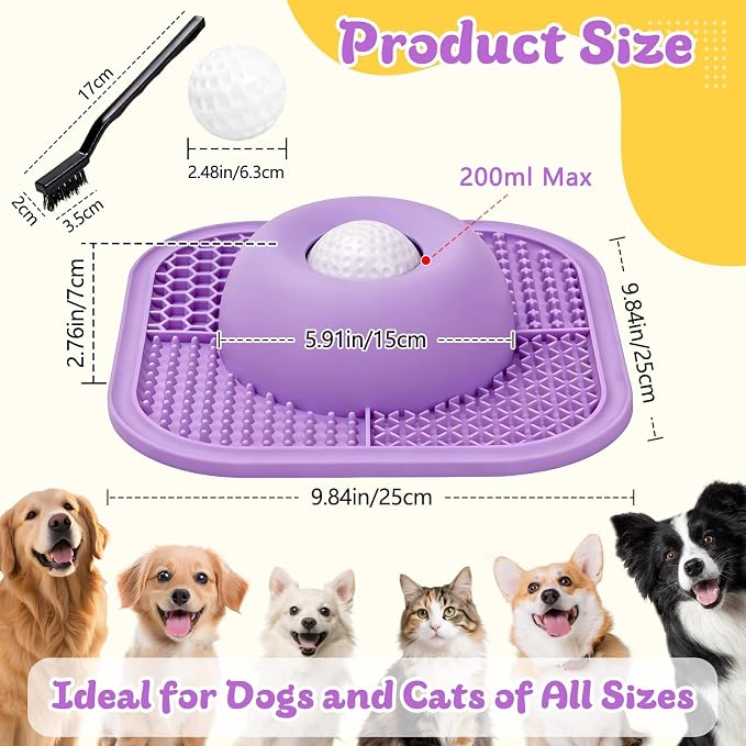 Slow Feeder Dog Bowls & Lick Mat for Liquid and Thick Treat, Anti-Slip Dog Lick Bowl with Interactive Rolling Ball, 5/6 Cup Pup Licking Toy for Large Medium Small Dogs and Cats Purple