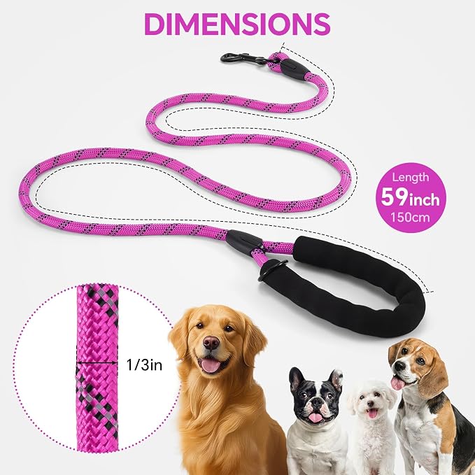 Heavy Duty Dog Leash - 4.9 FT for Large and Small Dogs - Strong Nylon, Comfortable Handle, Reflective Stitching - Ideal for Walking, Training, and Outdoor Activities, Hotpink