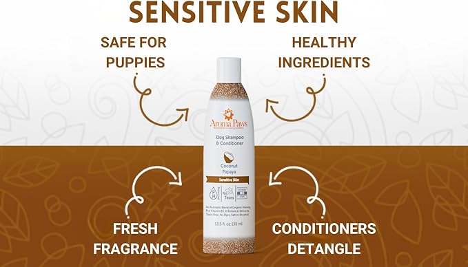 Dog Shampoo and Conditioner - Aromatic Tearless Shampoo for Cleansing, Grooming, and Conditioning Sensitive Skin - Moisturizing Shampoo for Dogs and Puppies - Coconut Papaya 13.5 oz