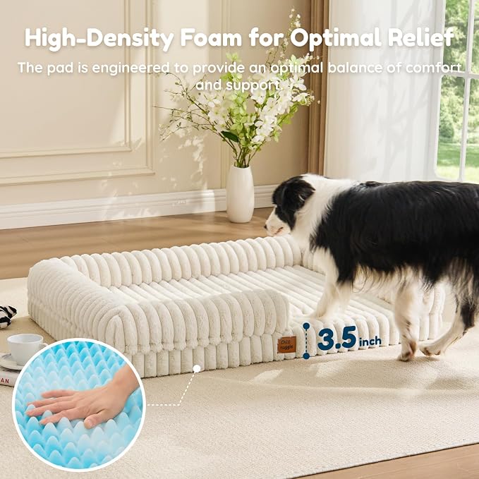 Orthopedic Dog Bed for XL Dogs, Washable Dog Bed with Faux Rabbit Fur Waterproof Cover, High Density Egg Crate Foam Support with 3-Sided Bolsters for Senior Dogs, Non-Skid Bottom, 41x30x7, Cream