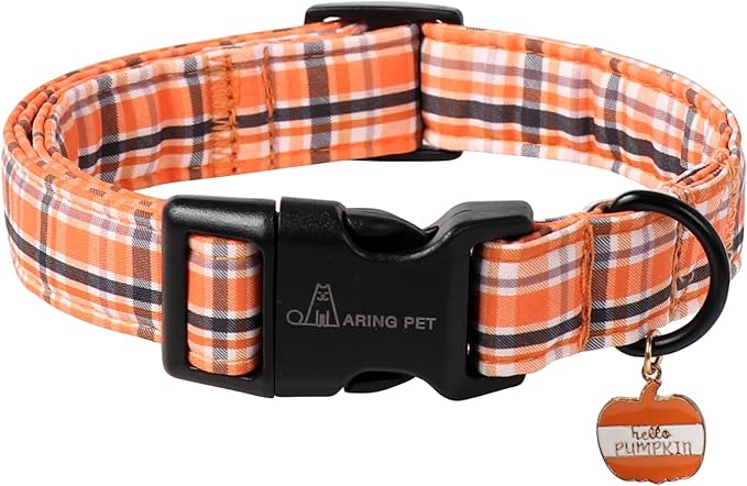 ARING PET Puppy Fall Dog Collar, Autumn Orange Black White Plaid Pet Collars for Small Medium Large Girl Boy Dogs Halloween-XS Size