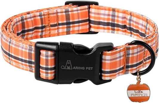 ARING PET Puppy Fall Dog Collar, Autumn Orange Black White Plaid Pet Collars for Small Medium Large Girl Boy Dogs Halloween-XS Size