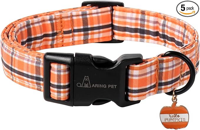ARING PET Puppy Fall Dog Collar, Autumn Orange Black White Plaid Pet Collars for Small Medium Large Girl Boy Dogs Halloween-S Size