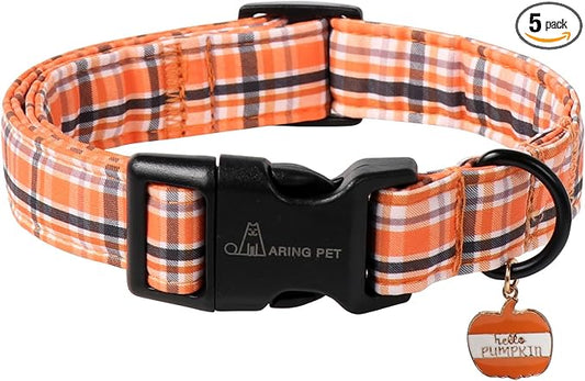 ARING PET Puppy Fall Dog Collar, Autumn Orange Black White Plaid Pet Collars for Small Medium Large Girl Boy Dogs Halloween-S Size