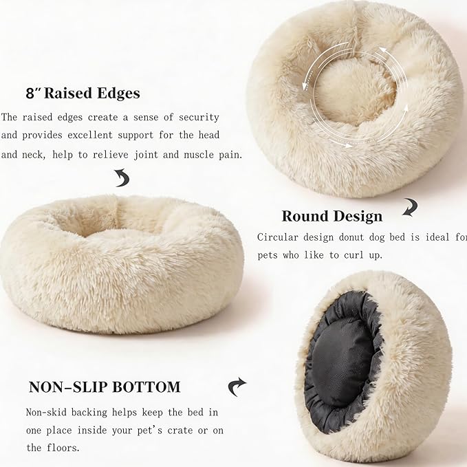 Calming Donut Dogs Beds for Small Dogs Washable,28inch Plush Round Pet Bed for Cozy Sleep,Fluffy Faux Fur Large Cat Bed,Fits up to 30 lbs Pets,Beige