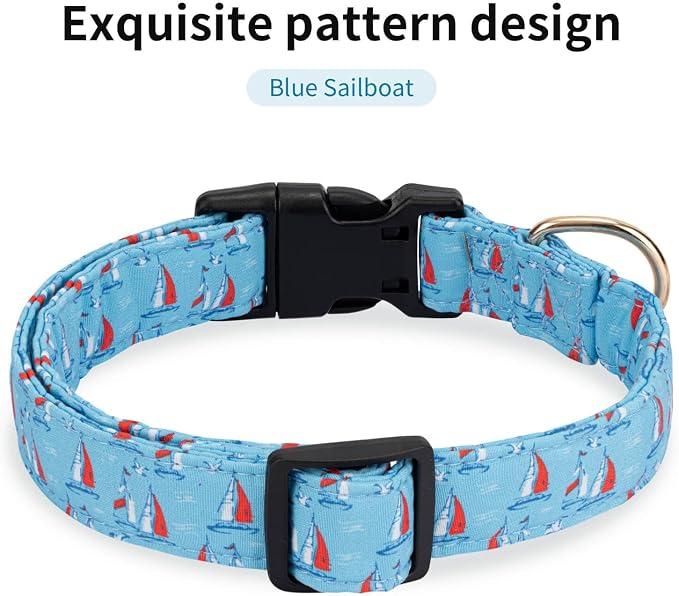 Personalized Dog Collars,Adjustable Puppy Collars with Safety Buckle for Small Medium Large Dogs,Cute and Unique Pink Cherry Pattern Pet Collar for Boy Girl Dogs. (Blue Sailboat, S)