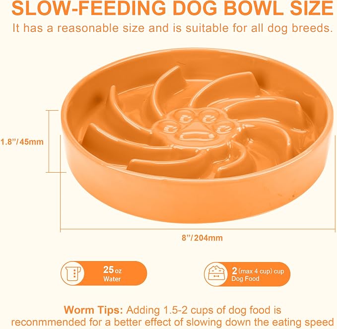 Ceramic Slow Feeder Dog Bowl, 3 Cup Dog Food or 25oz Water, Slow Eating Bowl for Middle Breed, Maze Puzzle Feeder for Fast Eaters, Anti-Choking Stop Bloat, Non-Slip BPA Free (Orange)