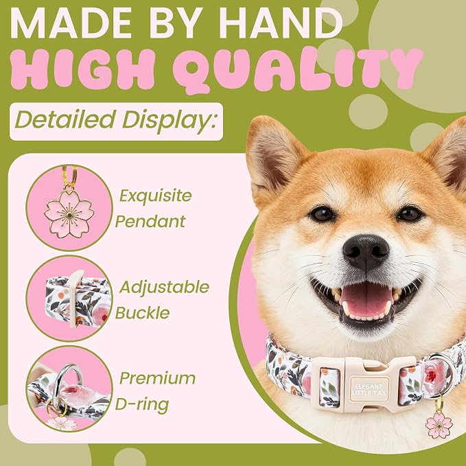Elegant little tail Dog Collar - Pink Floral Dog Collars Cute Spring Puppy Adjustable Pet Collars with Sturdy Quick Release Buckle for Small Dogs