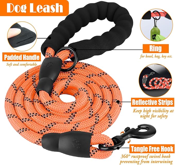 LOBEVE No Pull Dog Harness, Collar & Leash Set | Includes Dog Seat Belt, Collapsible Bowls & Poop Bag Dispenser. Ideal for Training, Walking, Hiking. Fits Small to Large Dogs(Orange-M)
