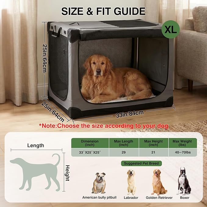 Veraste 33" L x 25" W x 25" H Collapsible Travel Dog Crate, Portable Soft Dog Kennel for Medium Large Dogs up to 60 lbs, 4-Door Foldable Travel Crate with Durable Mesh & Storage Bag, Grey