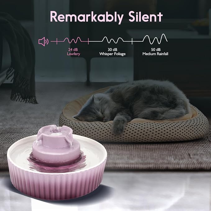 Lawfery Ceramic Cat Water Fountain, 2.1L/71oz Cat Fountain with 3 Carbon Filters and 2 Water Pumps, Cupcake Pet Water Fountain for Cats and Dogs (Purple)