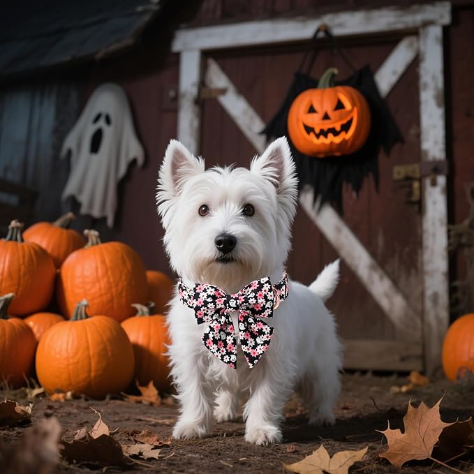 Unique style paws Cartoon Dog Collar with Bowtie Autumn Halloween Puppy Collar with Ghost Flower for Small Medium Large Boys Girls Dogs