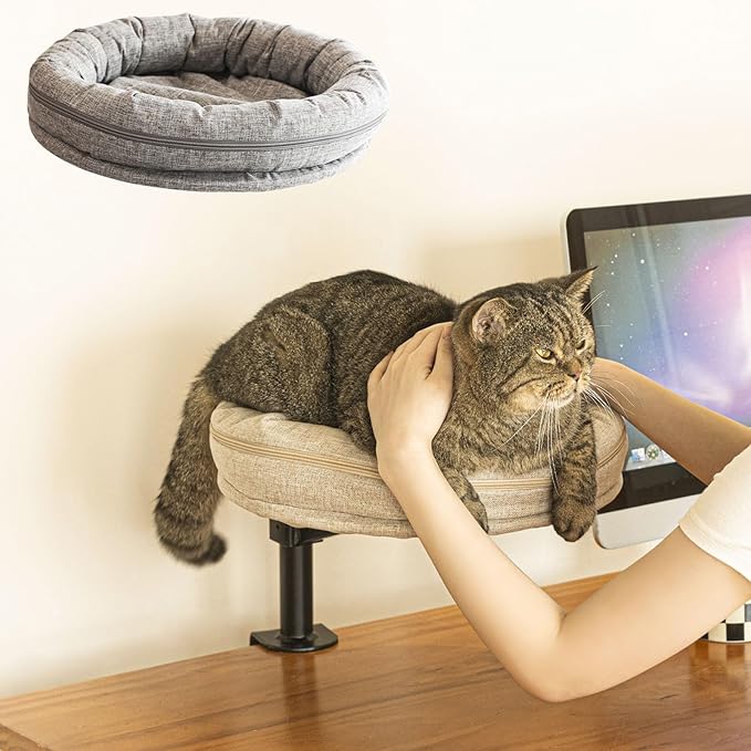 Cat Desk Bed for Cat, Desk Mounted Pet Mat x2 Removable and Washable, 360 Rotation & Adjustable Height Cats Up to 40 lbs