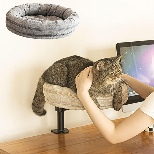 Cat Desk Bed for Cat, Desk Mounted Pet Mat x2 Removable and Washable, 360 Rotation & Adjustable Height Cats Up to 40 lbs