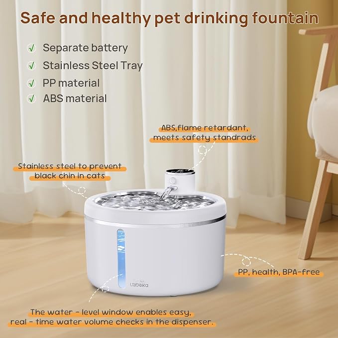 Wireless Cat Water Fountain-[Stainless Steel Tray], 102oz/3L Pet Water Fountain for Cats Inside, Cat Fountain for Drinking with Motion Sensor, Ultra Quiet Pump, Cats & Dogs Gifts (102oz+8Filters)