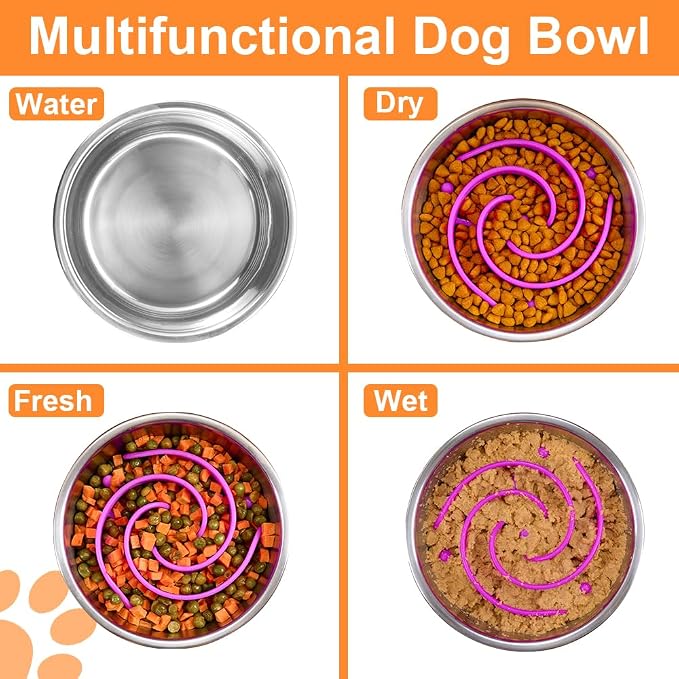 2-in-1 Metal Dog Bowl with Slow Feeder Insert, Stainless Steel Dog Bowls Food Grade 304, Water Food Bowl with Anti-Slip Silicone Base for Small & Medium Dogs(Purple, 3 Cups)