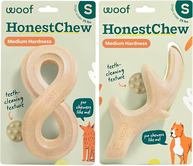 WOOF HonestChew Dog Toy Duo - Durable Dog Chews - Made with Plant-Based Ingredients - Splinter-Resistant - Safer Than Dog Bones - with HonestChew Antler and Infinity - Gift for Dogs - Small