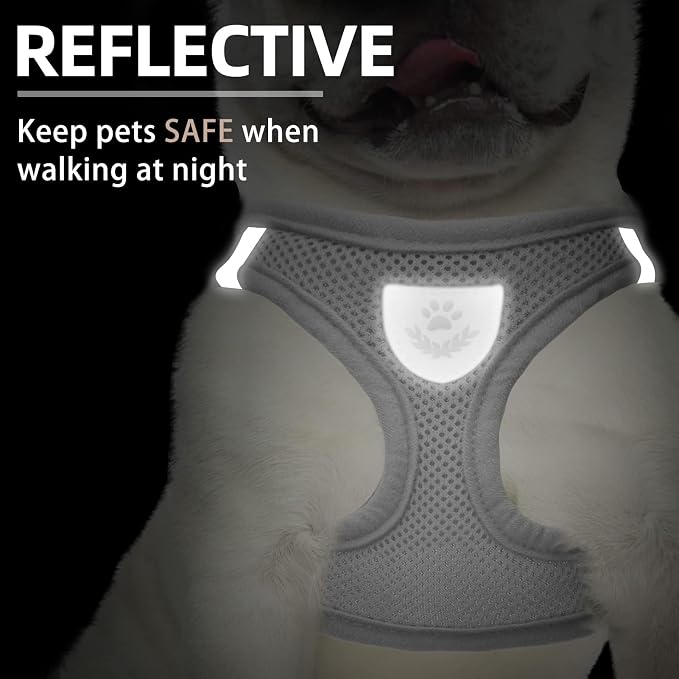 PUPTECK Adjustable Dog Harness Collar and Leash Set Step in No Pull Pet Harness for Small Medium Dogs Puppy and Cats Outdoor Walking Running, Soft Mesh Padded Reflective Vest Harnesses, Solid Grey L