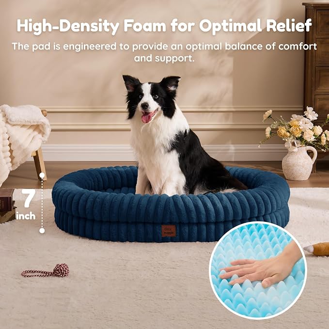 ChiXnuggle Orthopedic Dog Bed for XL Dogs, Waterproof Faux Rabbit Fur Dog Couch with Egg Crate Foam Support and Washable Removable Cover, Bolster Pet Sofa with Non-Slip Bottom, 41x30x7, Navy