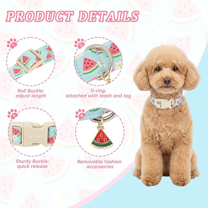 Summer Dog Collar, Cute Light Blue Puppy Collar with Watermelon Pattern, Cotton Adjustable Dog Collars for Small Medium Large Dogs, Gift for Boys Girls Dogs-L
