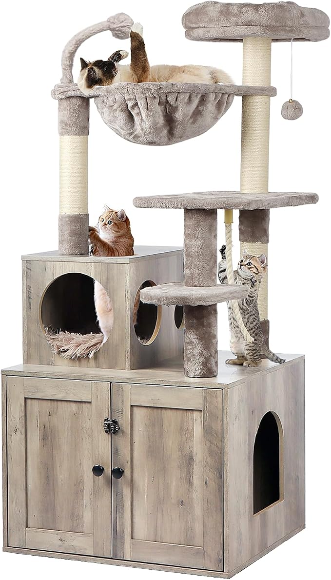 Timberer Cat Tree with Litter Box Enclosure, 2-in-1 Cat Tower for Indoor Cats, Large Wood Cat Condo with Basket, Scratching Posts, Pompoms, Grey