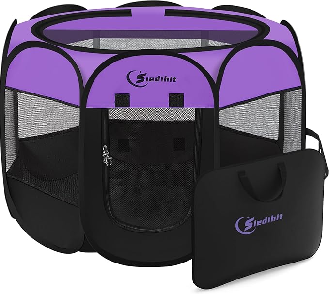 Siedihit Large Dog Playpen, Puppy Pet Playpen Indoor, Dogs Tent Crates Cage Indoor/Outdoor, Portable Pop Up Dog Kennel Playpen with Carrying Case for Dogs/Cats/Rabbits, Purple