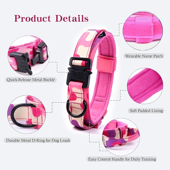 Tactical Dog Collar and Leash Set Adjustable Military Nylon Dog Collar with Control Handle and Heavy Duty Metal Buckle for Large Dogs（Pink Camo S