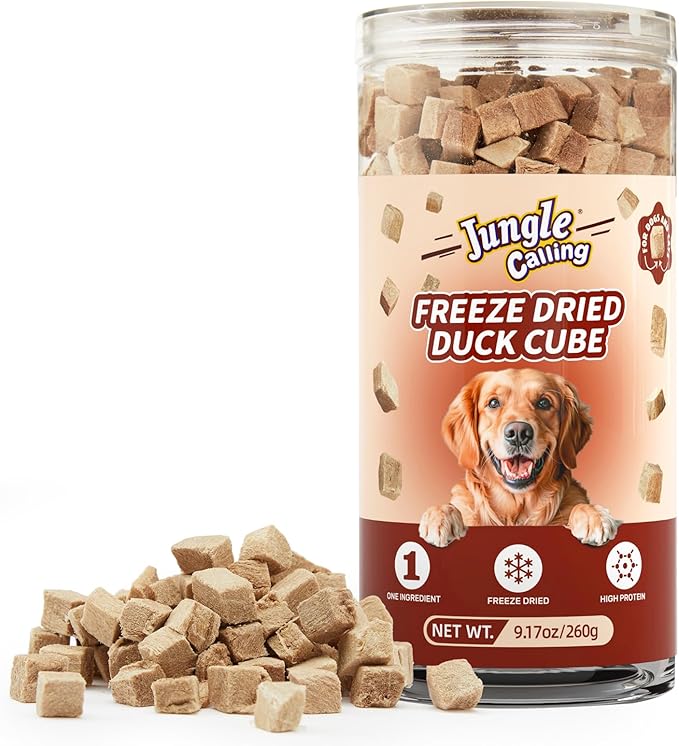 Jungle Calling Freeze Dried Duck Dog & Cat Treats, Single Ingredient Duck Bites for Cats & Dogs, Grain Free High Protein Training Treats & Food Topper, 9.17 oz