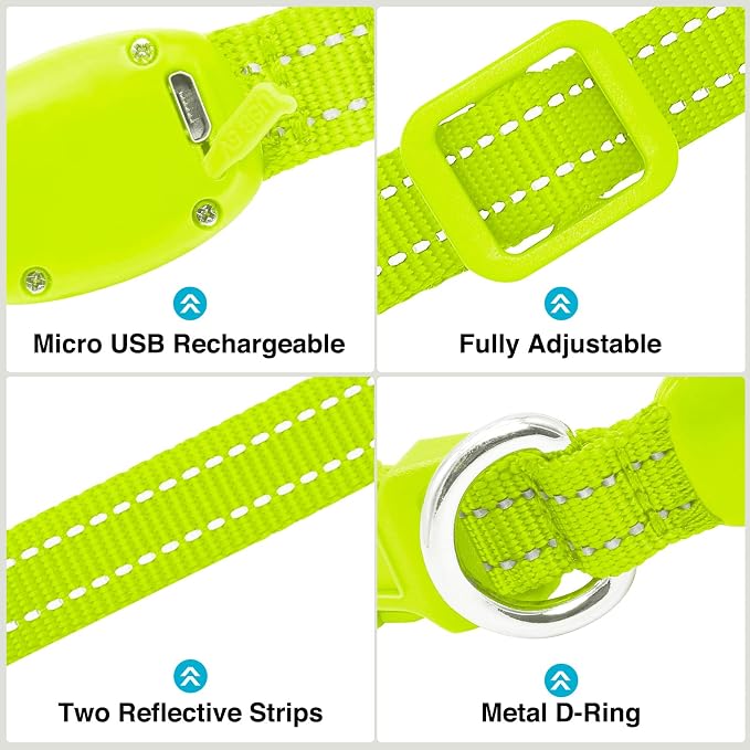 Light Up Dog Collar, Rechargeable USB Collar, Waterproof, Luminous LED Collar, Adjustable, Super Bright, Night Walking for Small Medium Large Dogs, Green, S