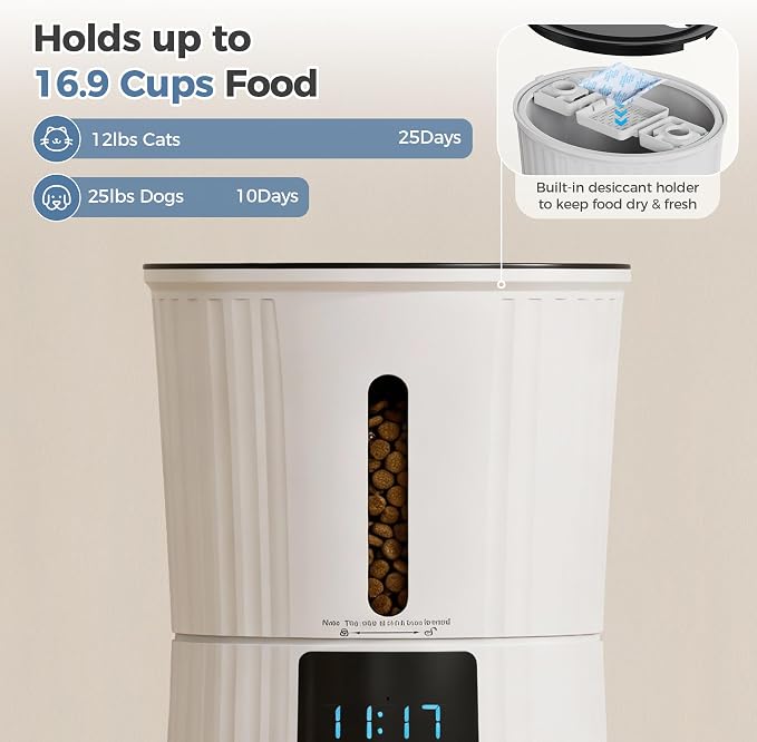DUMOS Automatic Cat Feeder, 4L WiFi Timed Cat Food Dispenser with APP Control, 10s Voice Recorder, Dual Power Supply, Indoor Programmable Pet Feeder with Desiccant for Small Cats and Dogs, White