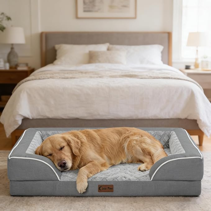 Orthopedic Dog Beds for Extra Large Sized Dogs 53x42 Inch, XXL Waterproof Egg Crate Foam Dog Sofa Bed with Removable Washable Cover Big Pet Couch with Bolster & Non-Slip Bottom, Grey