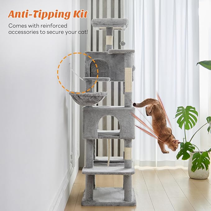 DUMOS Large 66 Inch Cat Tree Tower, Tall Multi Level Cat Climbing Tower with Natural Sisal Scratching Posts, Hammock, Pet Condo for Indoor Cats and Kittens Play, Grey