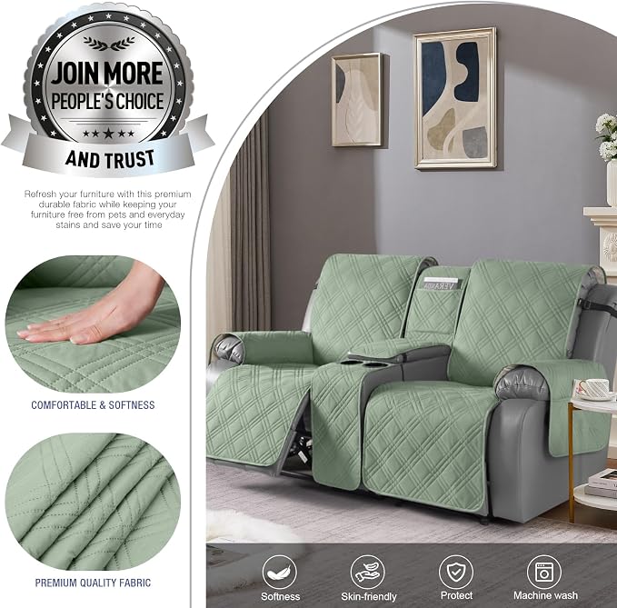TAOCOCO Loveseat Recliner Cover with Center Console, 100% Waterproof Pet Cover for Dual Recliner with Straps Design, Split Reclining Loveseat Covers Furniture Pet&Kids Protector (2 Seater, Sage Green)