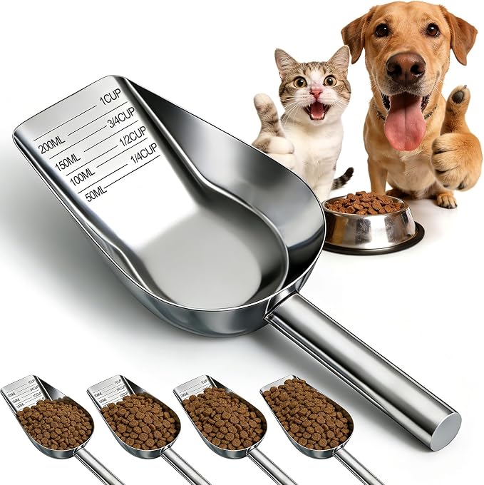 Mity rain Dog Food Scoop Stainless Steel with Long Handle, Precise Dog Food Measuring Cup 1, 3/4, 1/2, 1/4 Cup, Pet Scoop for Dogs, Cats, Rabbits, Animals, Metal Spoon for Dog Food Storage (1CUP)