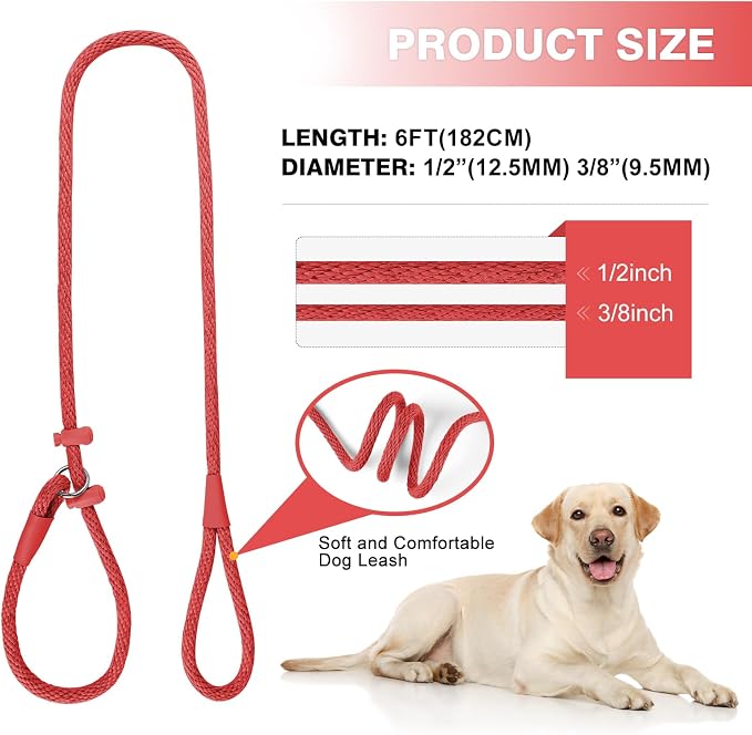 Lynxking Dog Leash Slip Lead Reflective Breathable Rope Comfortable Strong No Pull Slip On Pet Training Lead for Dogs (Red, Large 1/2 inch x 6ft)