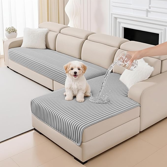 MYSKY HOME 100% Waterproof Couch Cover for Sectional Sofa, Couch Covers for Dogs Washable, Non Slip 2 PCS Sofa Slipcover, L Shape Sofa Cover Furniture Cover for Pet, Light Grey, 35"x70.9"+35"x70.9"