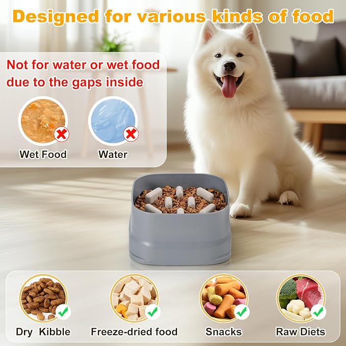 Sunhoo Slow Feeder Dog Bowls Large Breed Puppy Puzzle Feeding Dish Maze Feed Bowl Small Medium Dogs Plate Adjustable Ridges to Slower Down Eating Anti-slip Easy to Clean Indoor Use 7.5*7.5*4 in(Grey)