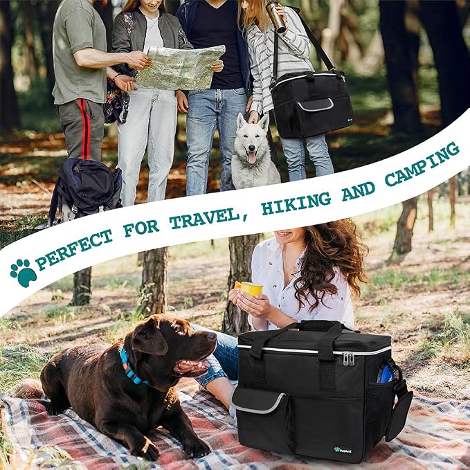 PetAmi Dog Travel Bag Organizer, Pet Travel Kit with 2 Food Containers & 2 Collapsible Dog Bowls, Pet Supplies Tote with Luggage Sleeve, Weekend Road Trip Camping Essentials, Black, Medium