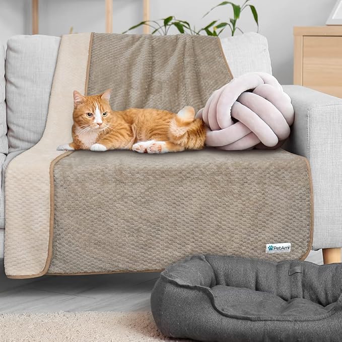 PetAmi Waterproof Dog Blanket, Leakproof XL Pet Blanket for Large Dogs, Furniture Sofa Couch Cover Protector, Fleece Cat Throw Bed Crate Kennel, Reversible Washable Soft Plush, Queen 90x90 Taupe Beige