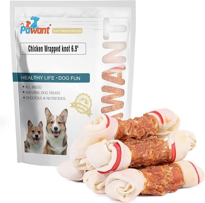 Chicken Wrapped Rawhide Bones, 6.5 Inch Large Knots for Medium and Large Dogs, High Protein 65% Long Lasting Dog Chews, 16 Ounces