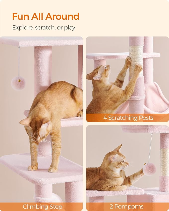 Feandrea Cat Tree, 54.2-Inch Cat Tower, Plush Multi-Level Condo with 4 Scratching Posts, 2 Perches, Hammock, Cave, Jelly Pink UPCT161P01