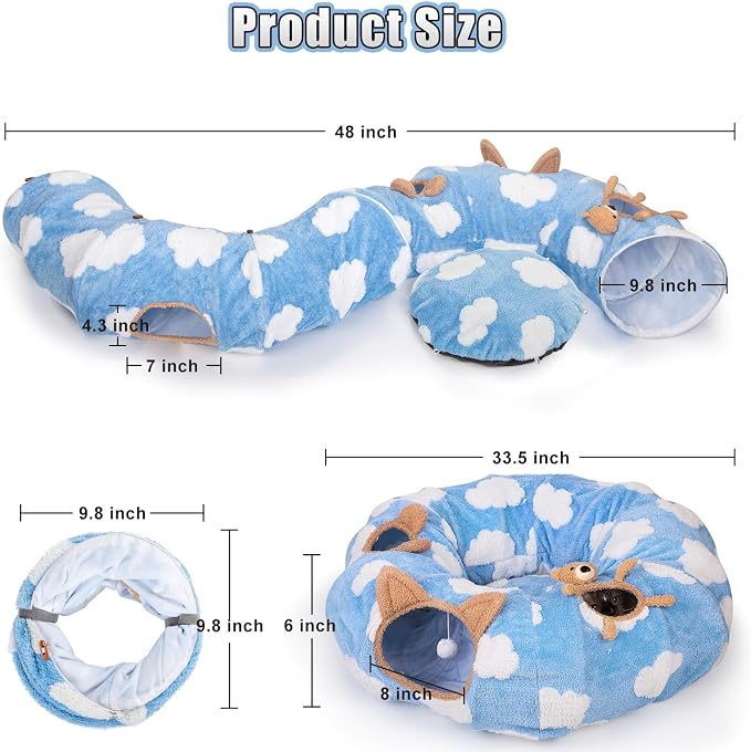 Cat Tunnel Bed, Tunnels for Indoor Cats with Washable Circle Cushion, Multifunctional Peekaboo Cave Donut Tubes Tunnel for Cat Kitty Kitten Puppy Rabbit Ferret (Sky Blue)