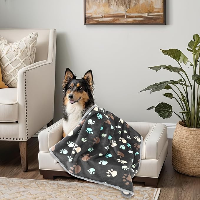 Tegeme 12 Pcs Pet Blankets 41 x 30 Inch Soft Fluffy Fleece Dog Cat Warm Paw Print Pattern Blankets Flannel Throw for Pets Dog Puppy Cat(Gray)