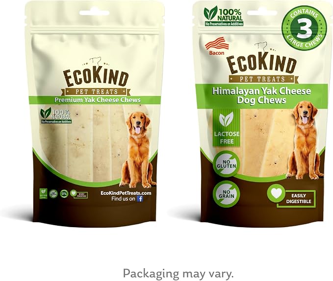 EcoKind Yak Cheese Himalayan Dog Chews, Yak Chews for Large Dogs, Long Lasting Bone for Aggressive Chewers, Only 4 Ingredients, Natural High Protein Dog Treats, No Additives, Bacon, Large - 3 Chews