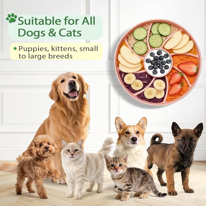Silicone Dog & Cat Slow Feeder Bowl Lick Mat with Strong Suction Cups, Anti-Spill Design, Multi-Textured, Extend Mealtime, Reduce Anxiety, Dishwasher Safe, All Breeds & Ages (Pink)