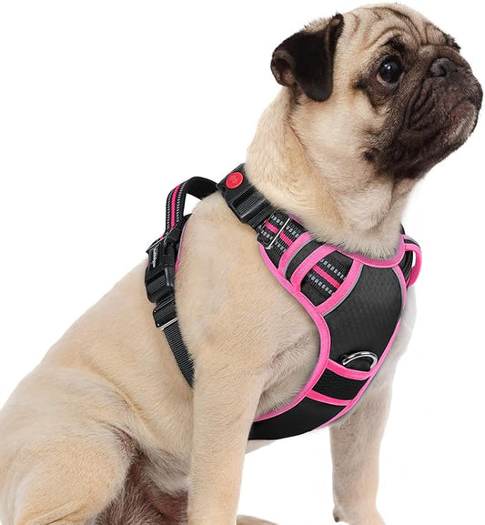 rabbitgoo Dog Harness Small Sized, 3 Buckles Easy On & Off No Pull Pet Vest, Soft Padded Walking Pet Harness with Control Handle, Adjustable and Reflective, Black & Rose Pink, S