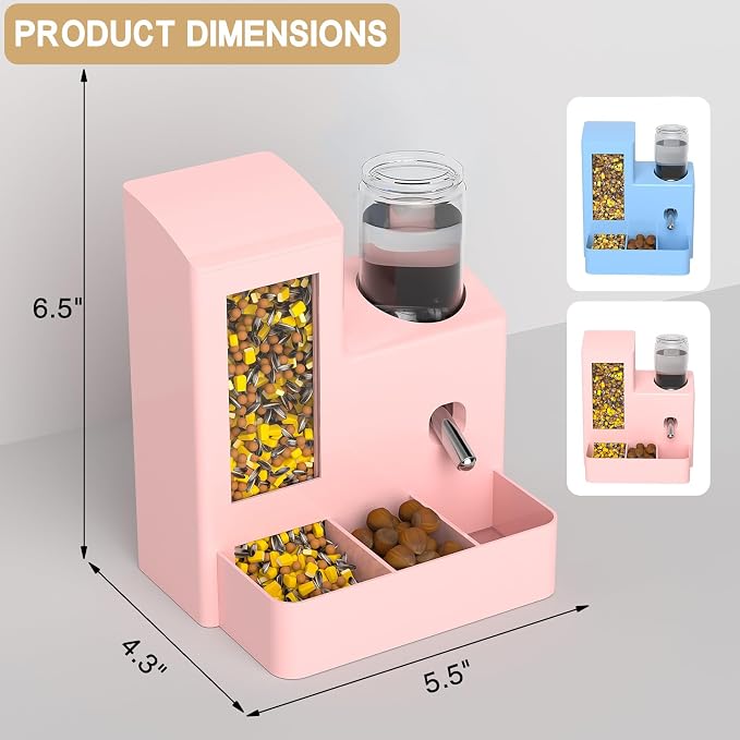 Hamster Water Bottle and Feeder, No Drip 2-in-1 Automatic Waterer and Food Dispenser, Gravity Feeding Hamster Cage Accessories for Small Pets 5.51 x 4.33 x 6.49 Inch