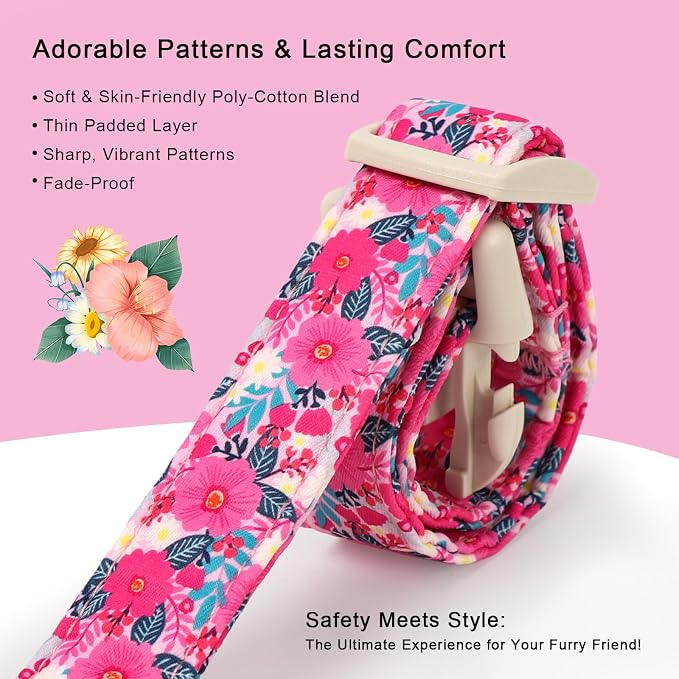 Summer Floral Dog Collar Girl Dog Collars for Small Dogs - Lightweight Adjustable Hot Pink Boho Female Dogs Everyday Collar with Safety Buckle S