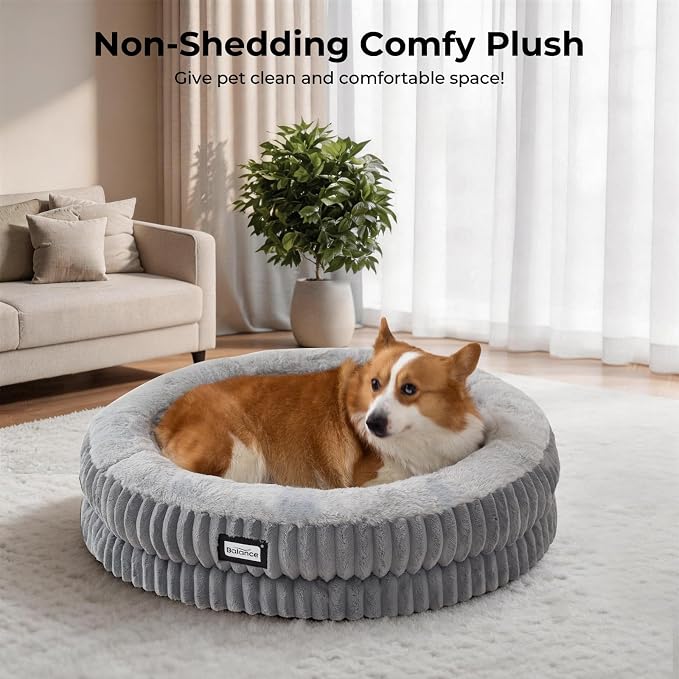 BALANCE Donut Dog Bed, 30 Inches Round Dog Bed Medium Size Dogs Washable, Orthopedic Calming Dogs Beds for Pets, Fluffy Plush Faux Fur Pet Bed with Anti-Slip Bottom