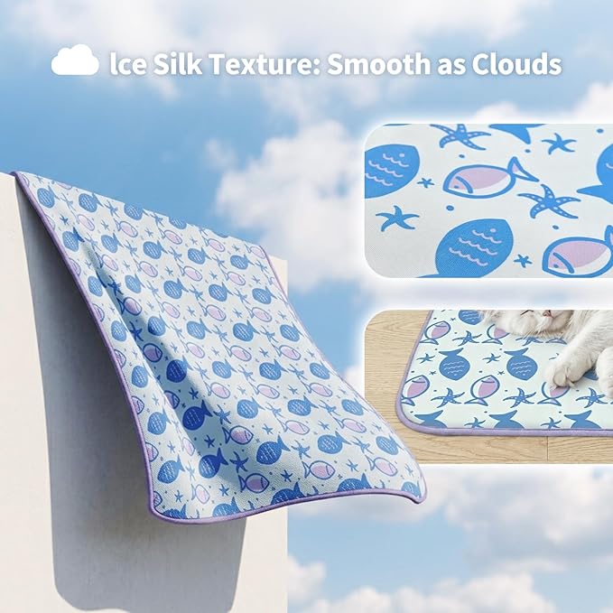 NWK Pet Cooling Mat for Large Dogs -Q-Max>0.345 Ice Silk Cooling Mat for Dogs & Cats Portable & Washable Pet Cooling Blanket, Car Seats, Beds for Summer (Purple Fish, 39'' X 27'' X 0.3'')